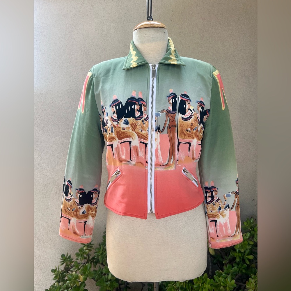 Unique short silk bomber jacket peach tone Egyptian theme XS F88 Phillip Prince